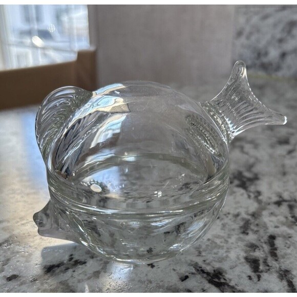 Glass Puffer Fish Trinket Keepsake Ring Box Tropical Ocean Anchor Hocking - Picture 1 of 6
